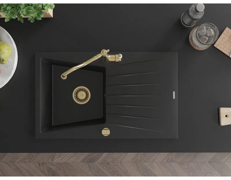 Mexen Cesar, 1-komorový granitový drez 775x470x190 mm a drezová batéria Carla, čierna, 6514-77-670700-50
