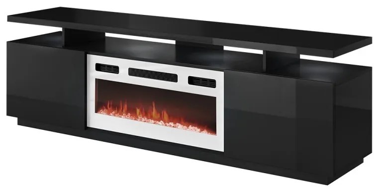 TV skrinka Aniceto s krbom, Osvetlenie: osvetlenie LED, Farby: čierny / čierny lesk, Krb: čierny