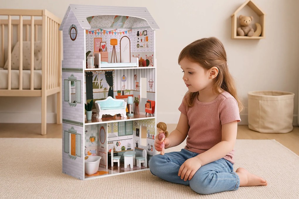 Domček pre bábiky, 3 poschodia, 4 izby, sada 9 kusov nábytku, ECOTOYS