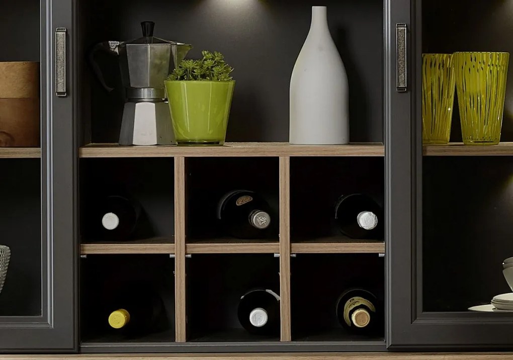 Nástavná vitrína s priehradkami Jasmin, grafit/dub, s osvetlením