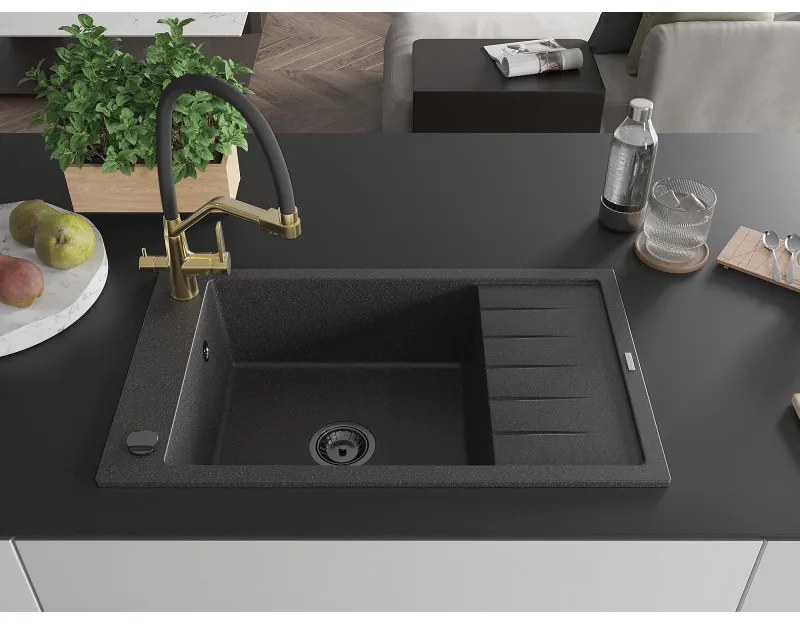 Mexen Elias, 1-komorový granitový drez 795x480x200 mm a drezová batéria Duo, čierna škvrnitá, 6511-76-671701-57-B