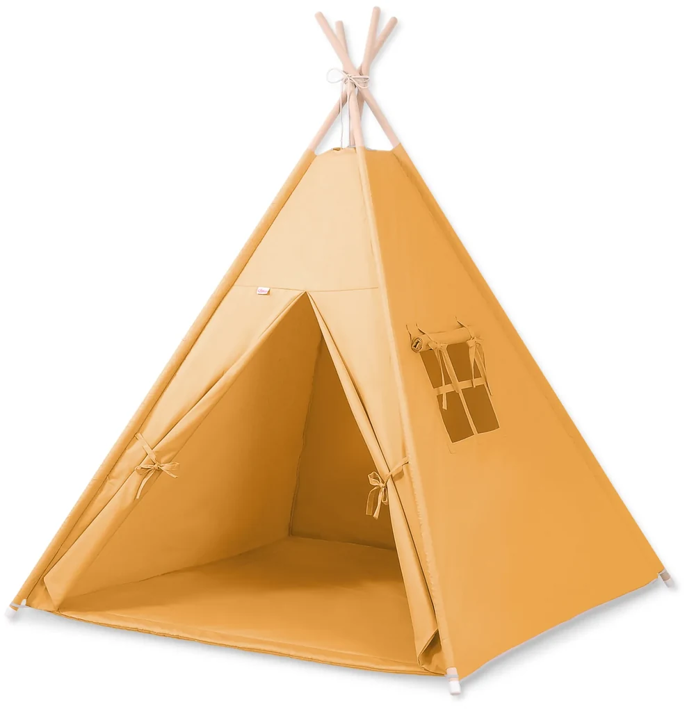 Bobono Stan Teepee pre deti + podložka na hranie + ozdobné pierka - medovo žltá