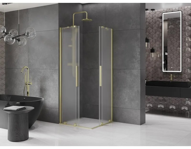 Mexen Velar Duo, sprchový kút s posuvnými dverami 80 x 80 cm, 8mm sklo námraza, zlatá matná, 871-080-080-32-55
