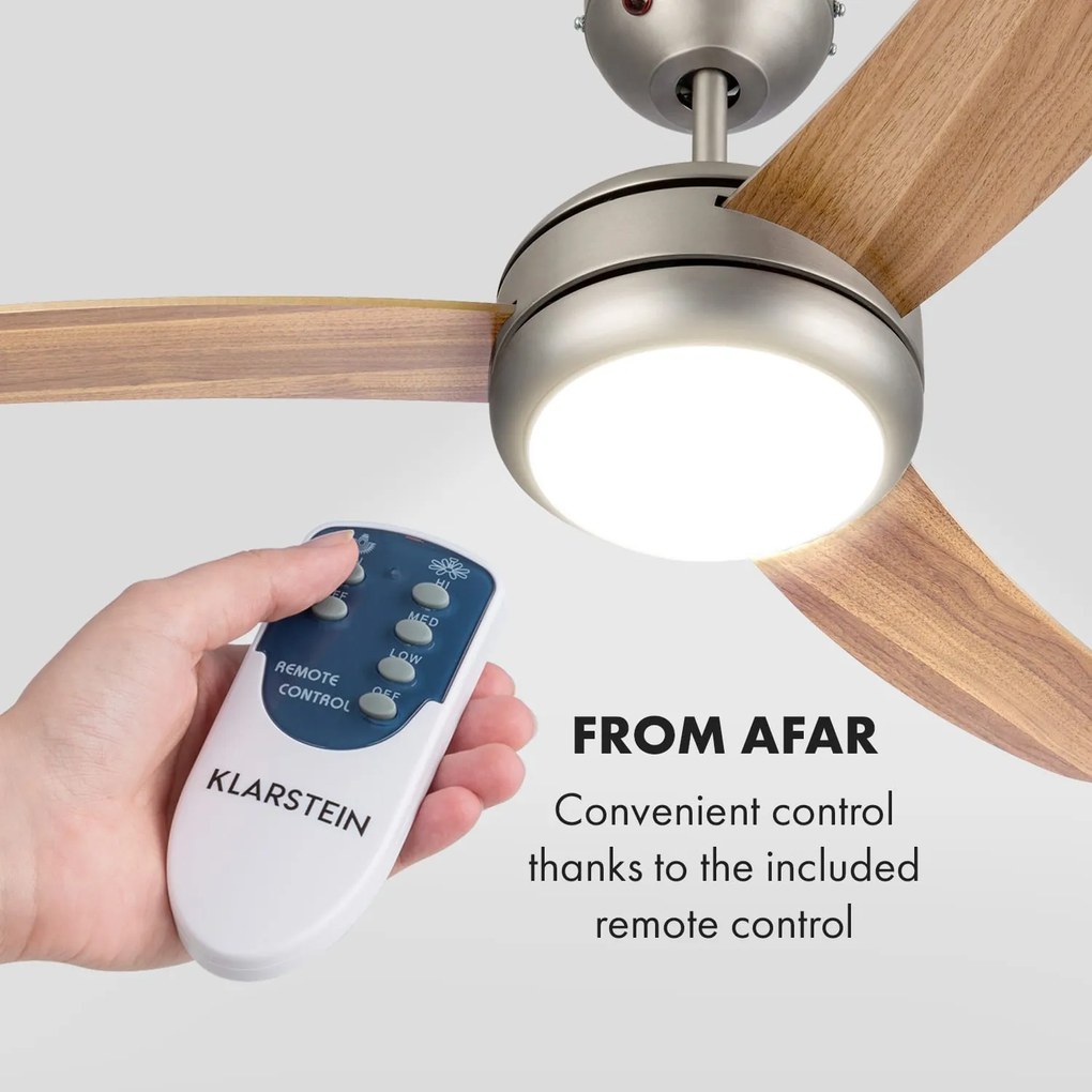 Klarstein El Paso, stropný ventilátor, 52", závit E27, 3 lopatky, vzhľad dubového dreva