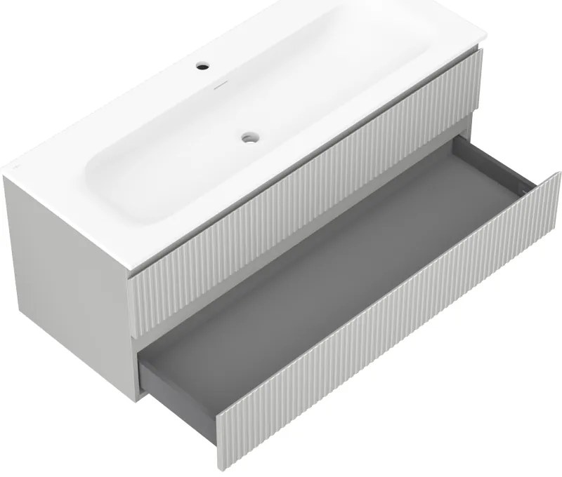 Mexen Rivel, kúpeľňová skrinka 120 cm s umývadlom Vela, 2 zásuvky, drážkovaná, sivá matná/biela, 91A20-12047-2-BFF62-W23M0