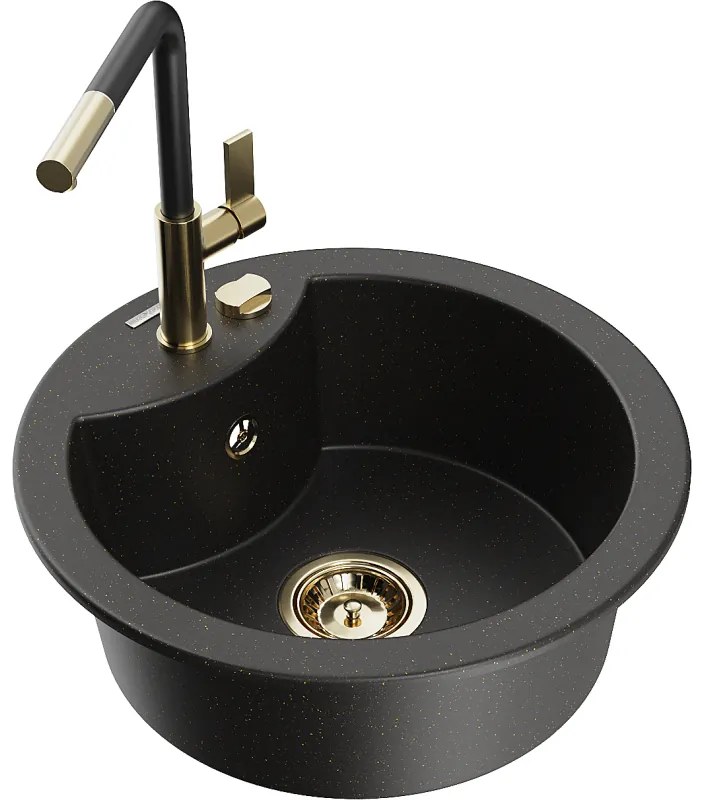 Mexen Diego, 1-komorový granitový drez 488x488x167 mm a drezová batéria Flora, čierna-zlatá metalíza, 6512-75-670401-57-G