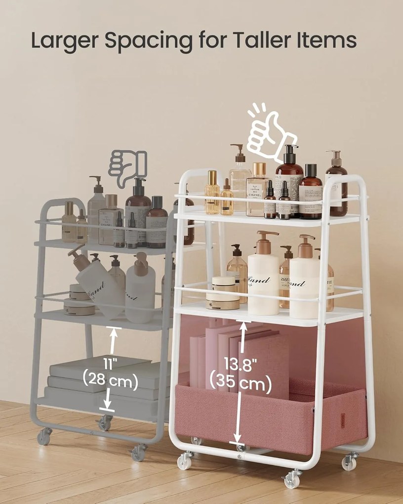 Gurulový úložný vozík s textilným košíkom, 3-poschodový vozík na kolieskach s policami, oblá biela a ťavohnedá