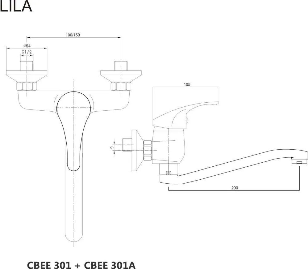 Mereo, Mereo Drezová nástenná baterie, Lila, 100 mm, s ramienkom plochým vyhnutým 180 mm, chróm, MER-CBEE301A05