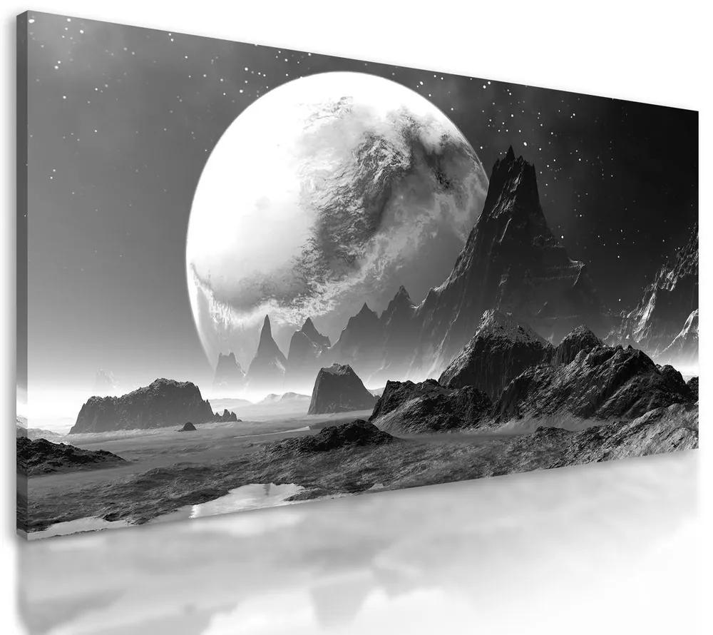 Obraz tajomná fantasy planéta v čiernobielom prevedení