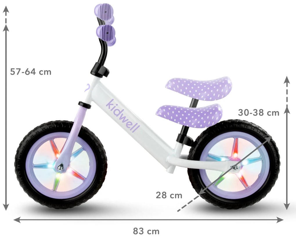 Kidwell Rebel LED balančný bicykel pre deti – LED ráfiky, EVA kolesá 28 cm, bez batérií