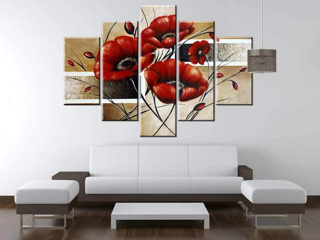 Gario Ručne maľovaný obraz Poľný mak - 5 dielny Rozmery: 150 x 105 cm