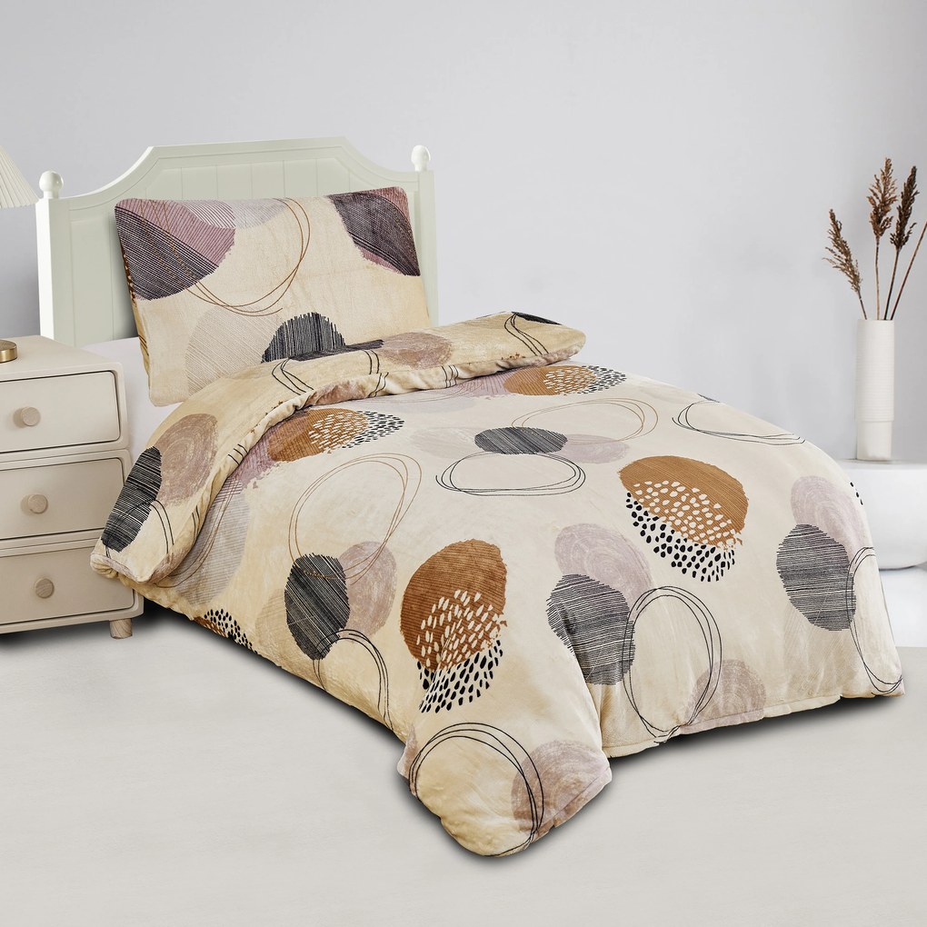 Mikroplyšové obliečky Kruhy hnedé 200x140cm+90x70cm