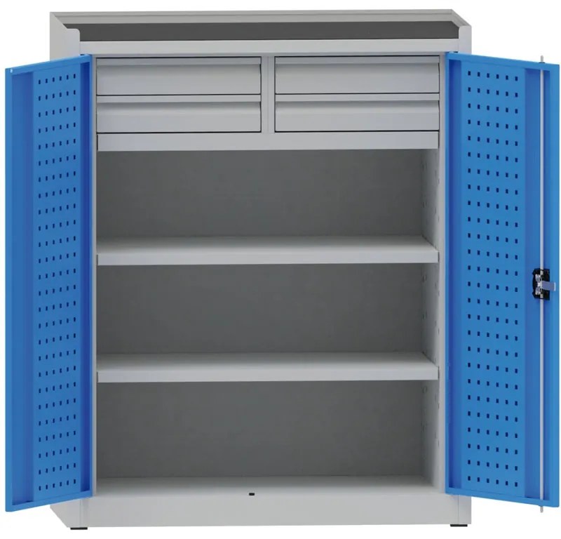 Dielenská kovová skriňa na náradie KOVONA, 2 police, 4 zásuvky, zváraná, nosnosť 50 kg, 950 x 500 x 1170 mm