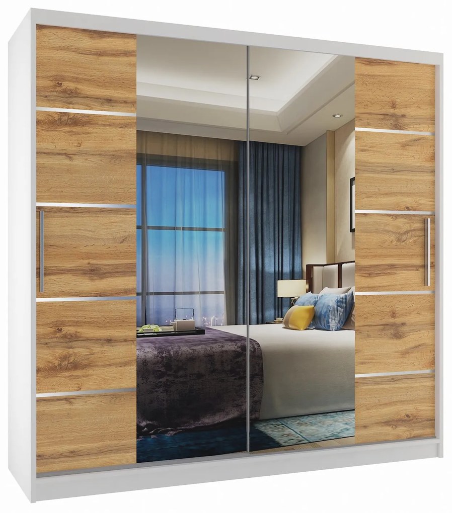 Šatníková skriňa 200 cm Belini biely mat / dub wotan s posuvnými dverami zrkadlom a zásuvkami  ME SZP5/1/W/DW/0/KLAL