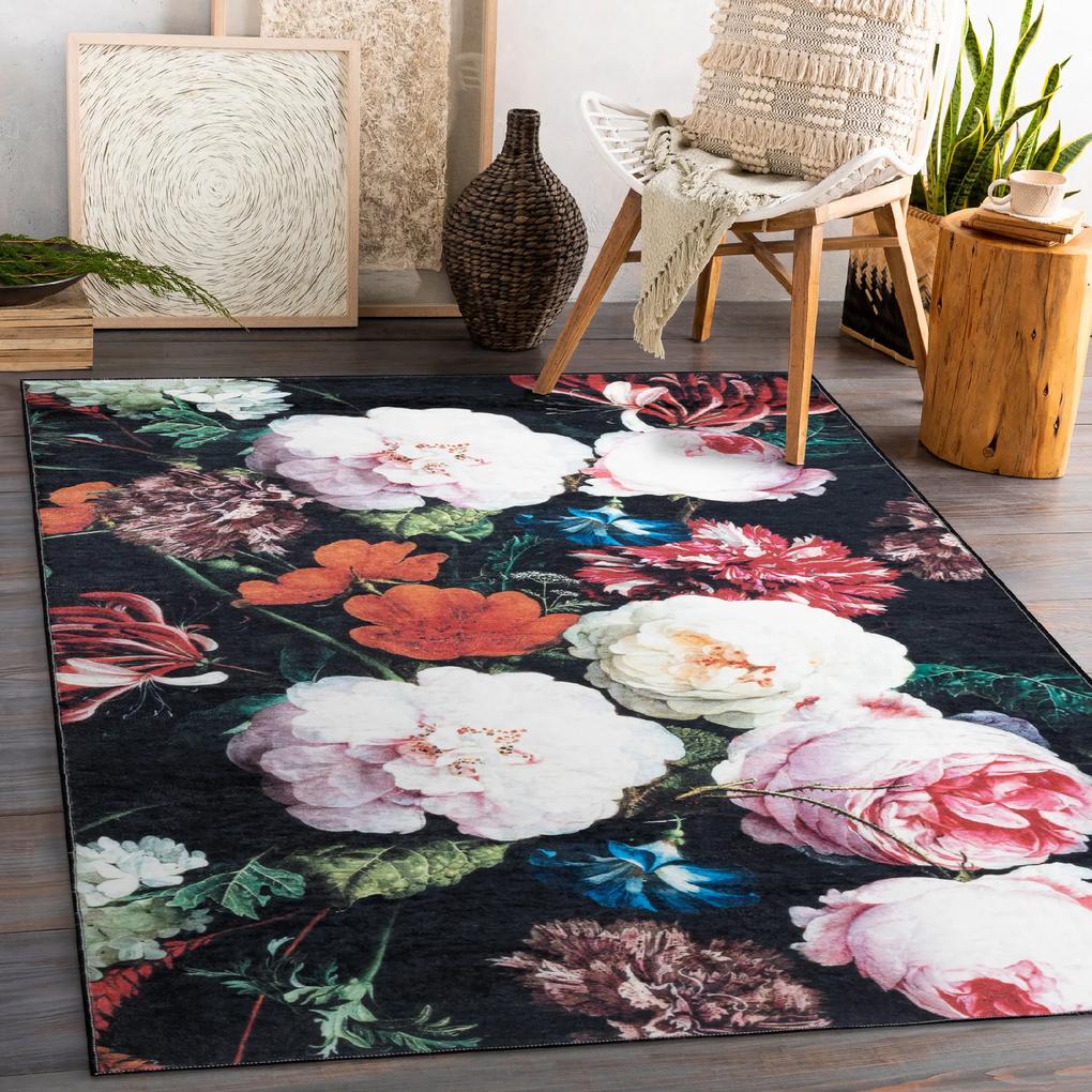 ANDRE 1629 umývací koberec kvety vintage protišmykový - čierna / ružový Veľkosť: 120x170 cm