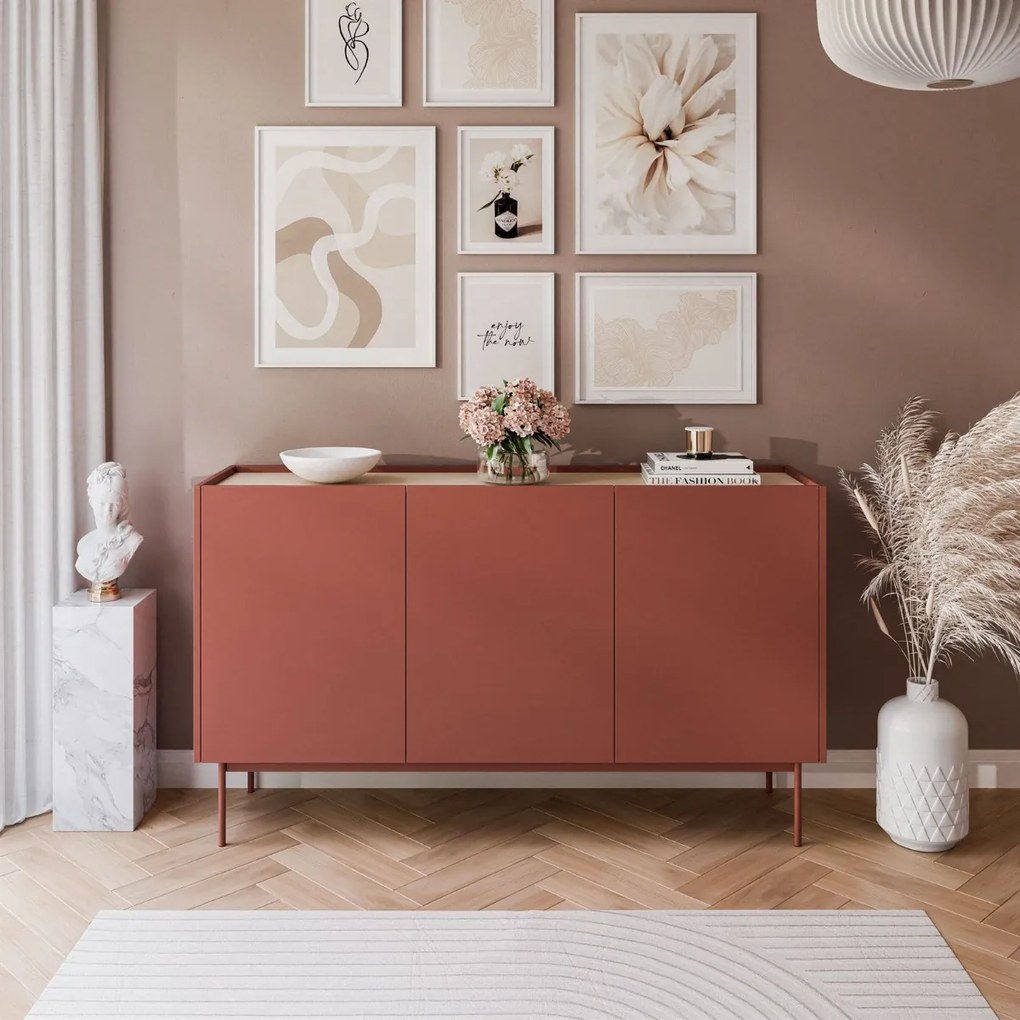 KOMODA LUCCA TROJDVEROVÁ CERAMIC RED / DUB LINEA 144 cm