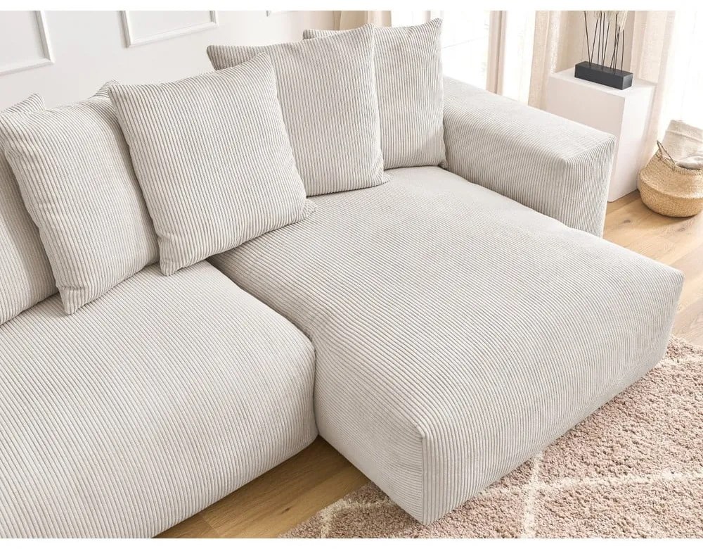 Krémovobiela menčestrová rozkladacia/s úložným priestorom rohová pohovka Voltaire – Bobochic Paris