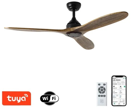 ZEVENTI - Stropný ventilátor LAURIA Wi-Fi Tuya čierna/dub + diaľkové ovládanie