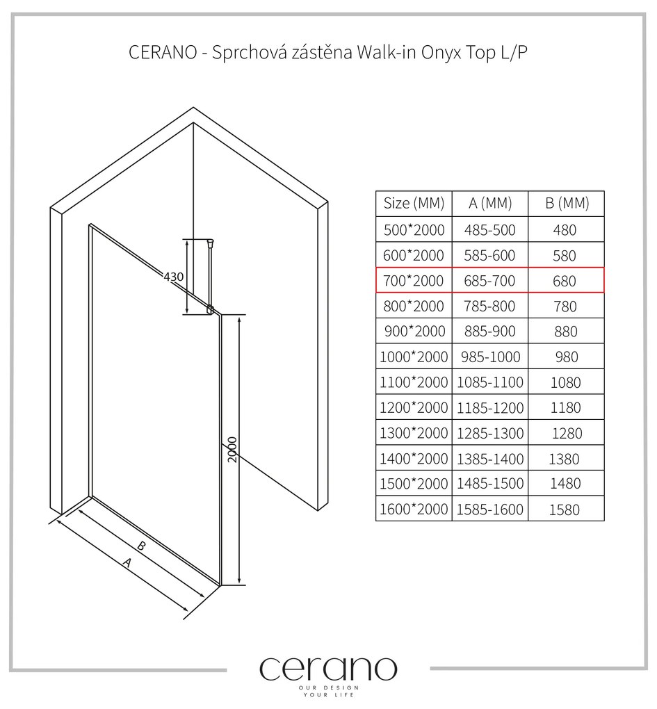 CERANO - Sprchová zástena Walk-in Onyx Top L/P - guľatá vzpera - chróm, transparentné sklo - 70x200 cm, CER-CER-8050BD1706