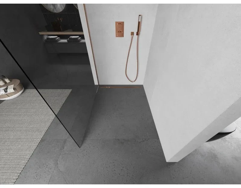 Mexen Kioto, sprchová zásteny typ Walk-In 145 x 200 cm, 8mm číre sklo, medený matný profil, 800-145-101-65-00