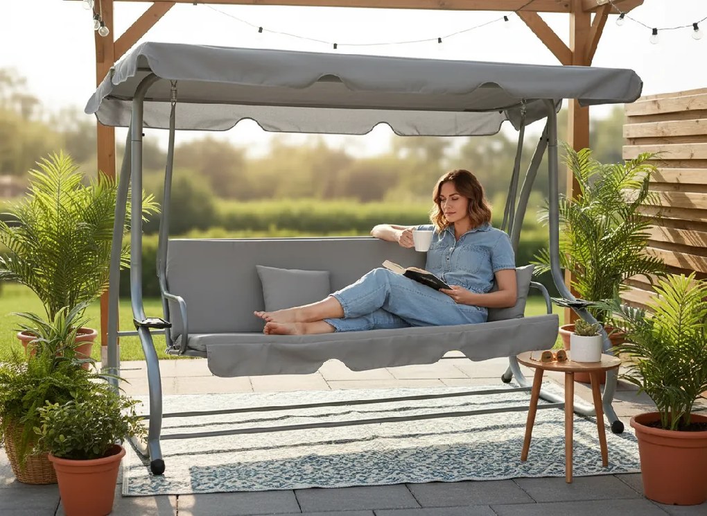 Garden Line ZÁHRADNÁ HOJDAČKA 210 x 120 x 170 cm ŠEDÁ S FUNKCIOU LEŽANÍKA