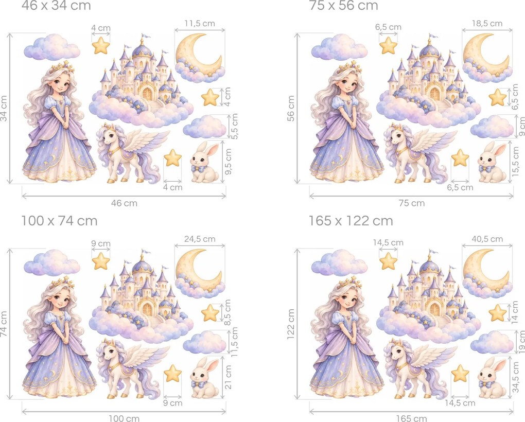 Princezná a zámok v oblakoch snové akvarelové nálepky na stenu pre malé princezné arch 46 x 34 cm