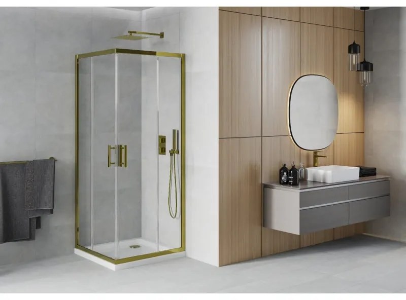 Mexen Rio, štvorcový sprchovací kút s posuvnými dverami 90(dvere) x 90(dvere) x 190 cm, 6mm číre sklo, zlatý profil + biela sprchová vanička SLIM, 860-090-090-50-00-4010G
