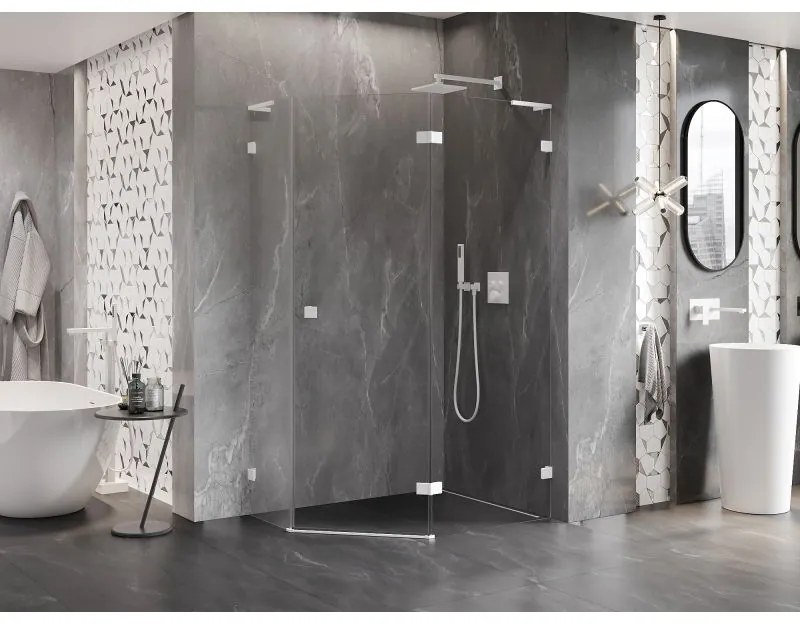 Mexen Lunar, L pravý výklopný päťuholníkový sprchový kút 90 x 80 cm, 8mm číre sklo, biely profil, 831L-090P-080L-20-00-P