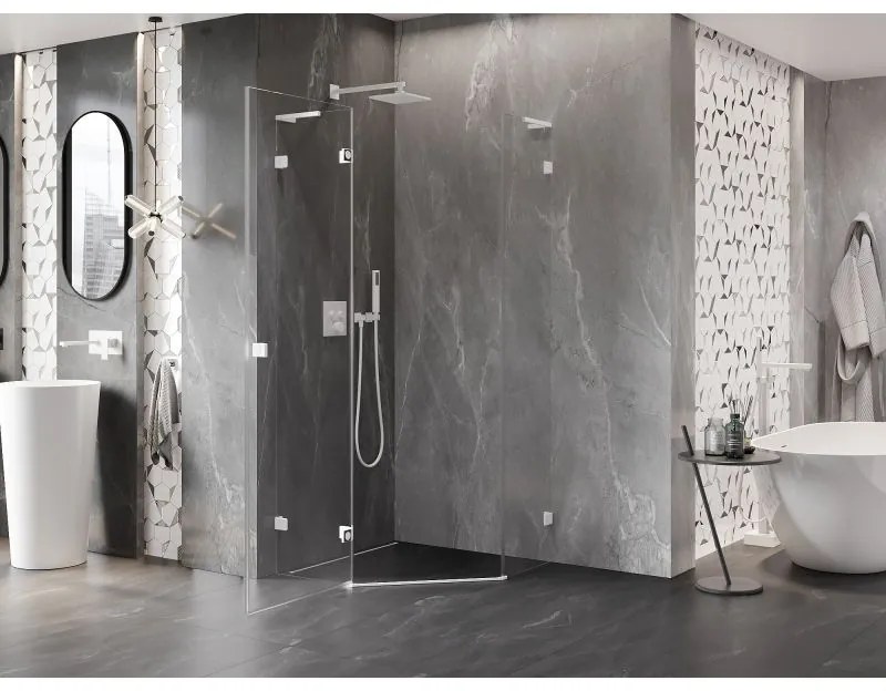 Mexen Lunar, L päťuholníkový sprchový kút naklápací doľava 100 x 100 cm, 8mm číre sklo, biely profil, 831L-100L-100P-20-00-L