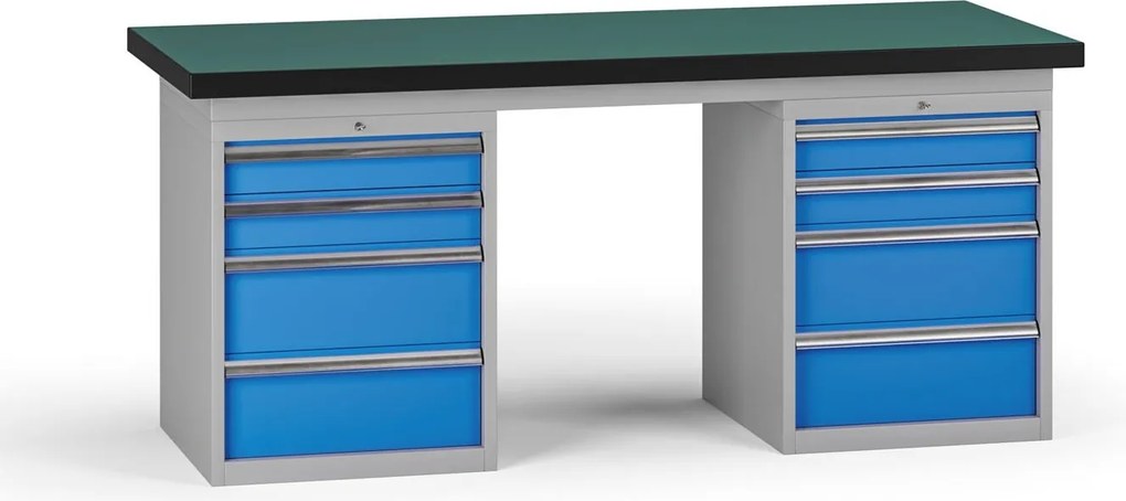 Pracovný stôl do dielne G8, 1800 x 750 x 800 mm, 2x kontejner, 8 zásuviek, modrá