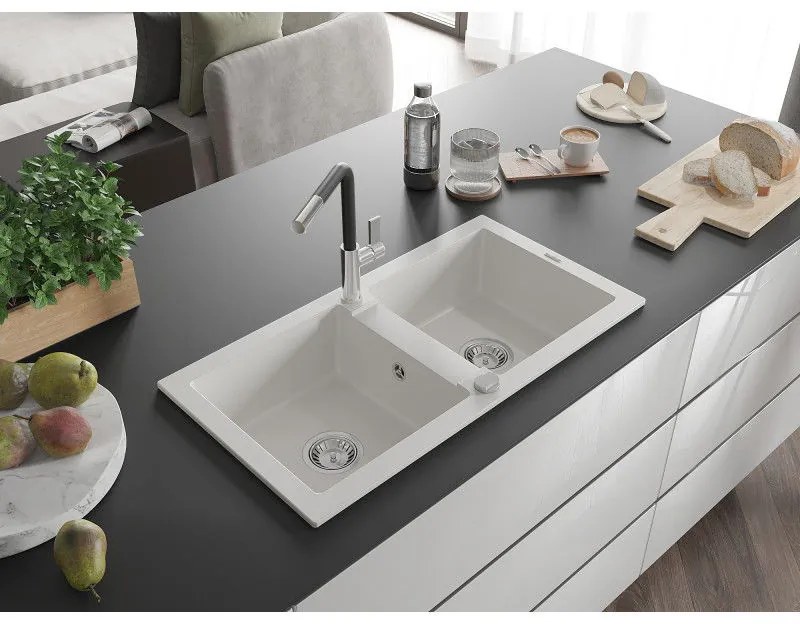 Mexen Mario, 2-komorový granitový drez 820x436x161 mm a drezová batéria Flora, biela, 6504-20-670401-07