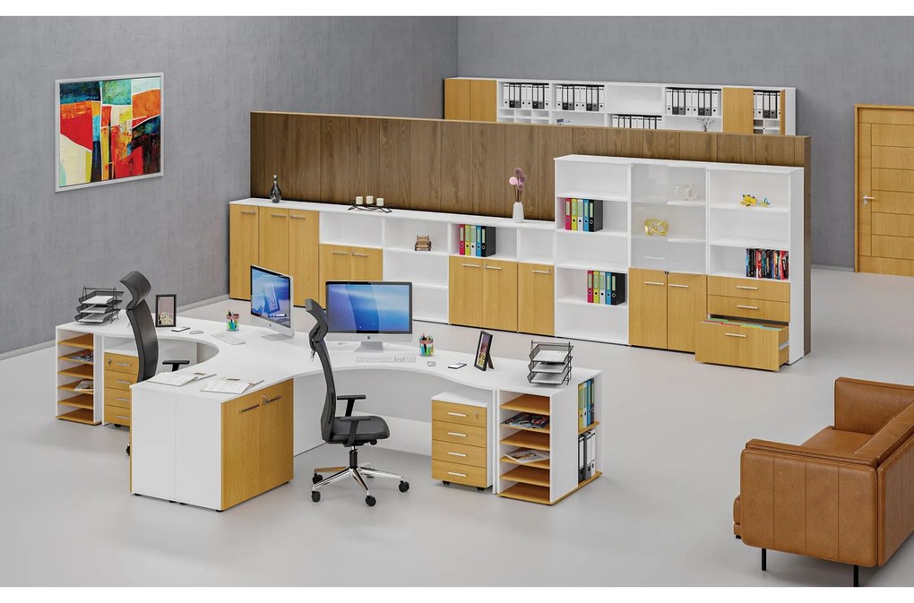 Kancelársky rohový pracovný stôl PRIMO WHITE, 1600 x 1200 mm, ľavý, biela/buk