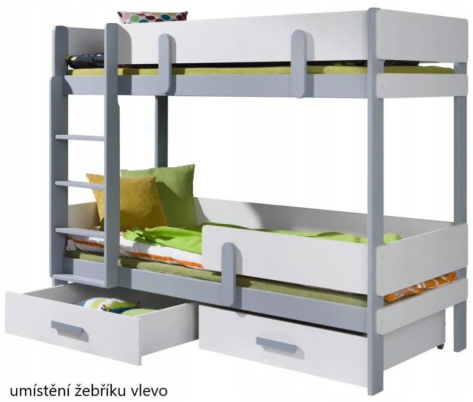 Detská poschodová posteľ z masívu borovice ETTORE so šuplíkmi - 200x90 cm - biela/dub shetland