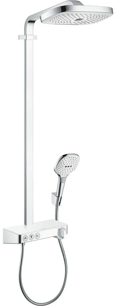 HANSGROHE Raindance Select E Showerpipe nástenný sprchový systém s termostatom ShowerTablet Select 300, horná sprcha 3jet 318 x 190 mm, ručná sprcha 3jet, biela/chróm, 27127400