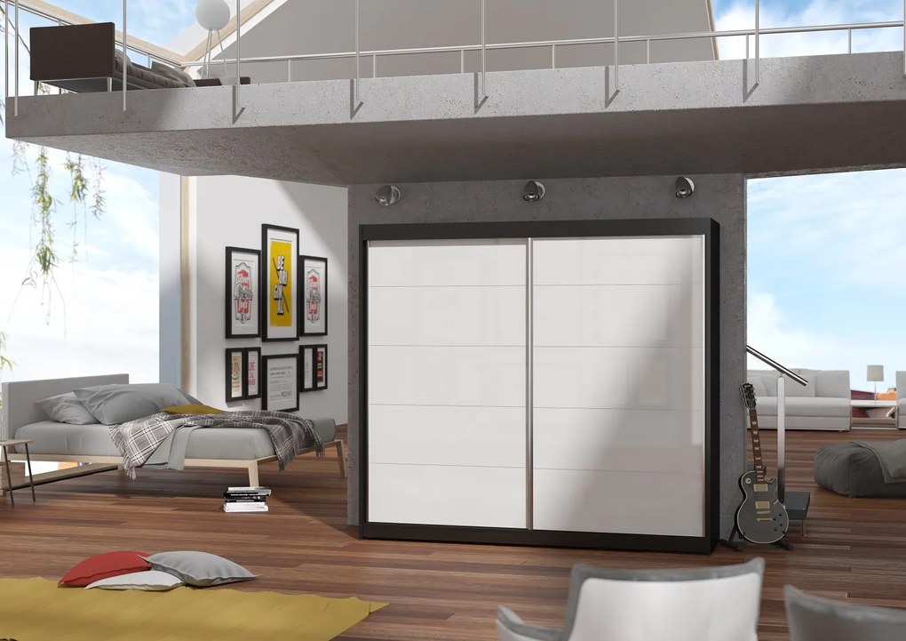 Šatníková skriňa s posuvnými dverami LUNA biela + čierna LACOBEL 180 x 215 x 58