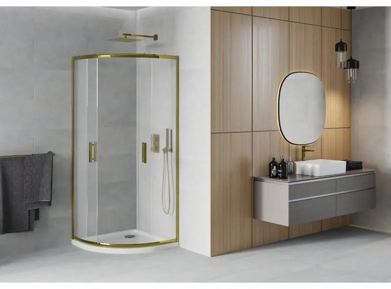 Mexen Rio, štvrťkruhový sprchovací kút s posuvnými dverami 80(dvere) x 80(dvere) x 190 cm, 6mm sklo námraza, zlatý profil + biela sprchová vanička SLIM, 863-080-080-50-30-4110G