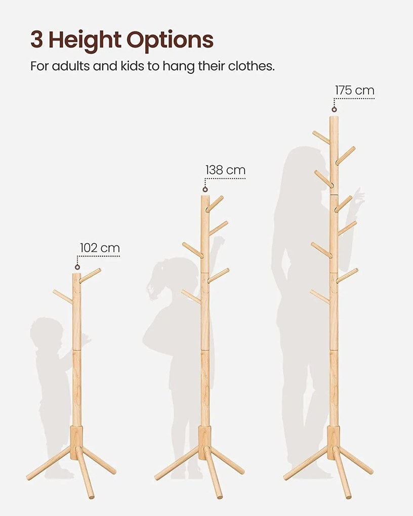 Voľne stojaci vešiak na kabáty a klobúky, s 8 háčikmi, prírodná farba