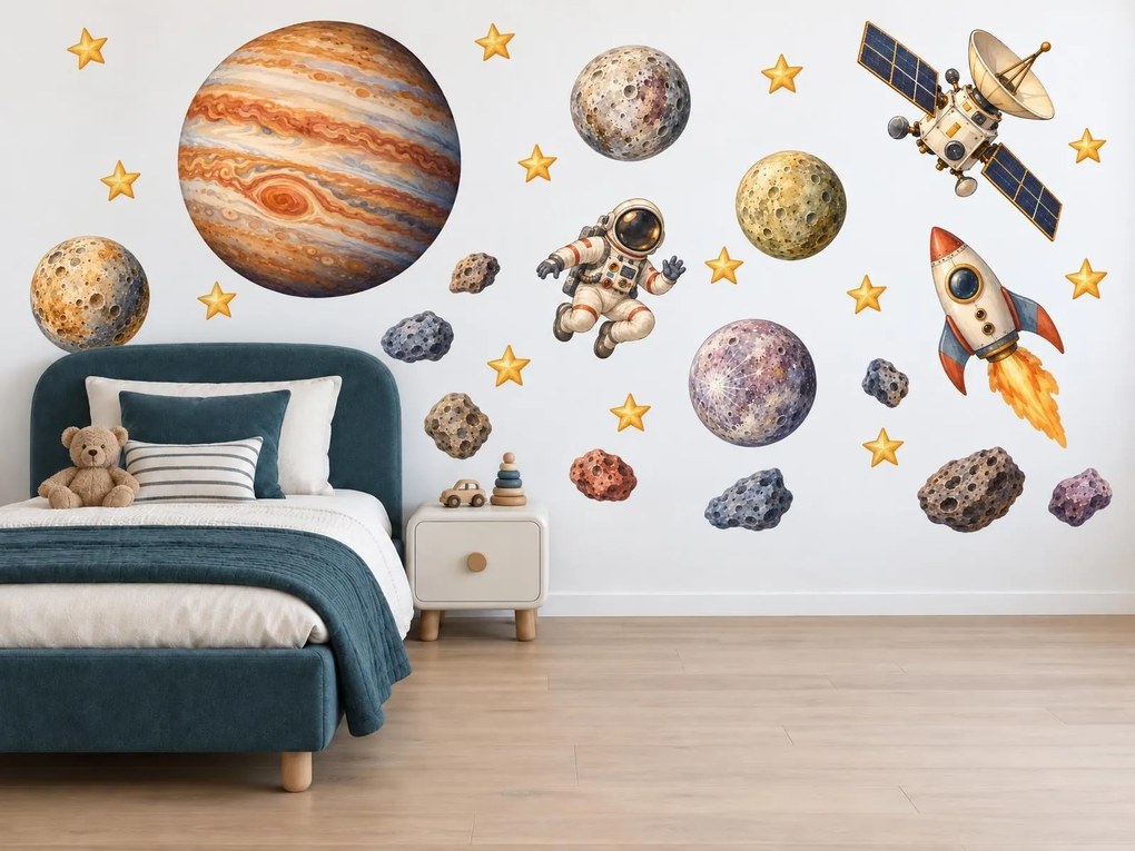 Kozmonaut pri Jupiteri akvarelové vesmírne nálepky na stenu do izby pre malých objaviteľov arch 46 x 34 cm