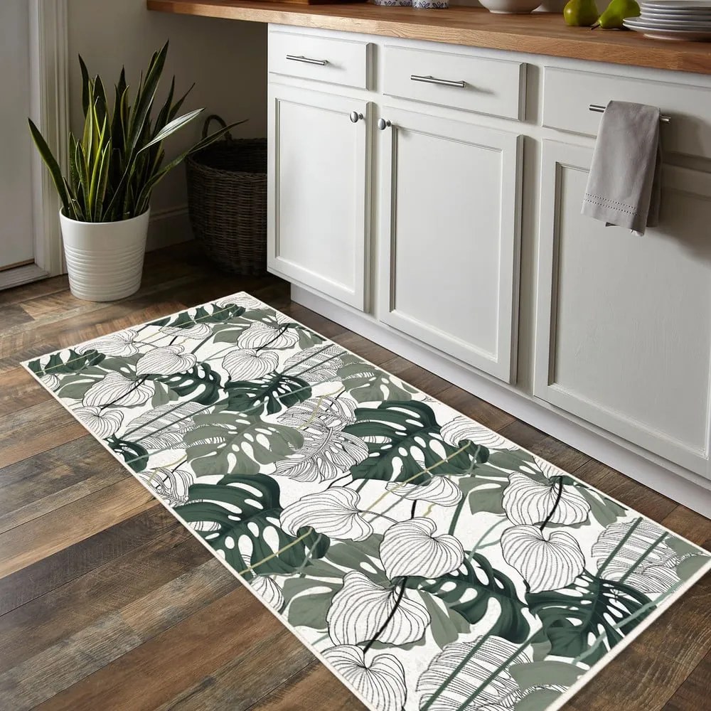 Bielo-zelený prateľný behúň 80x200 cm Monstera – Oyo Concept
