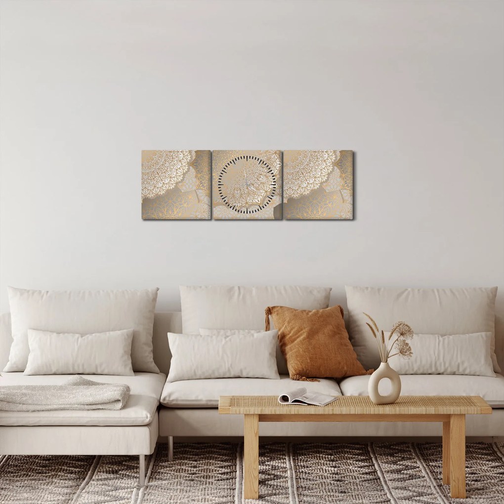 Obraz - Mandaly v zlatých tónoch (s hodinami) (90x30 cm)