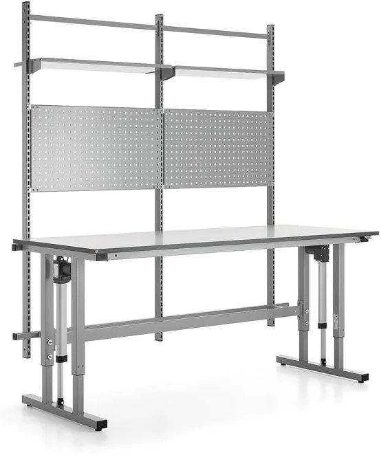 Výškovo nastaviteľný dielenský stôl MOTION, 400 kg, 2000x800 mm, panel na náradie + police