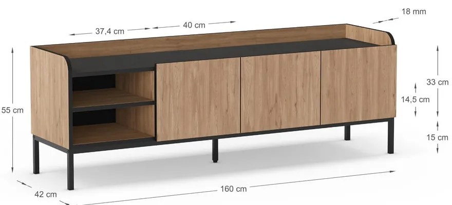 TV stolík v dekore duba v prírodnej farbe 160x55x42 cm Adara – Marckeric