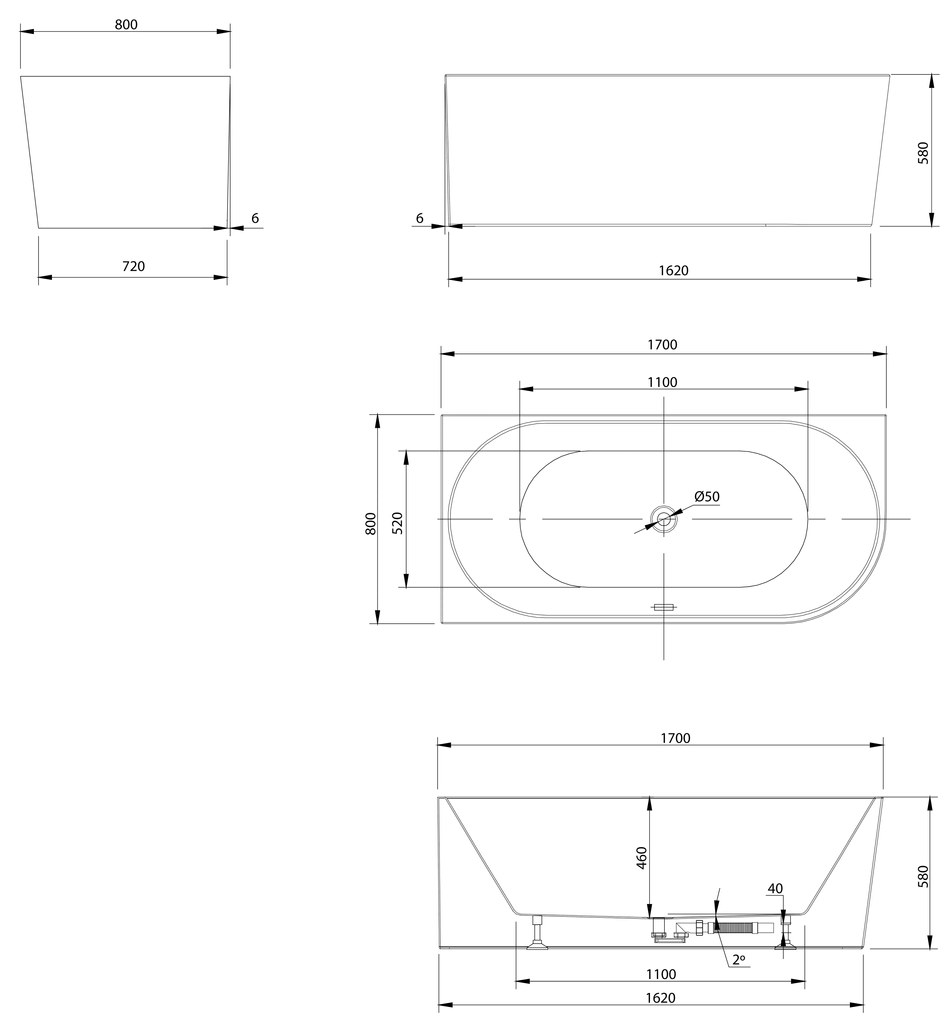 Aqualine Aqualine, TIBERA L rohová stojaca vaňa 170x80cm, biela, E1026