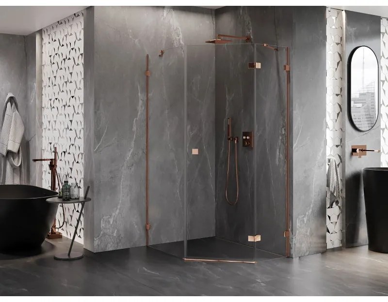 Mexen Lunar, pravý výklopný päťuholníkový sprchový kút 80 x 90 cm, 8mm číre sklo, profil ružové zlato, 831-080P-090L-60-00-P