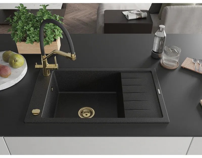 Mexen Elias, 1-komorový granitový drez 795x480x200 mm a drezová batéria Duo, čierna-strieborná metalíza, 6511-73-671701-57-G