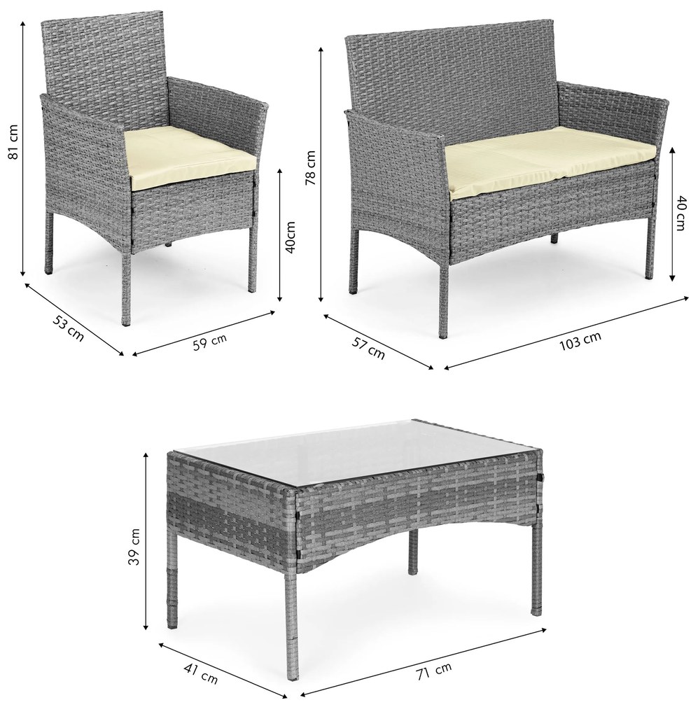 Set záhradného nábytku z technoratanu, lavica, stôl, stoličky, sivá, MultiGarden