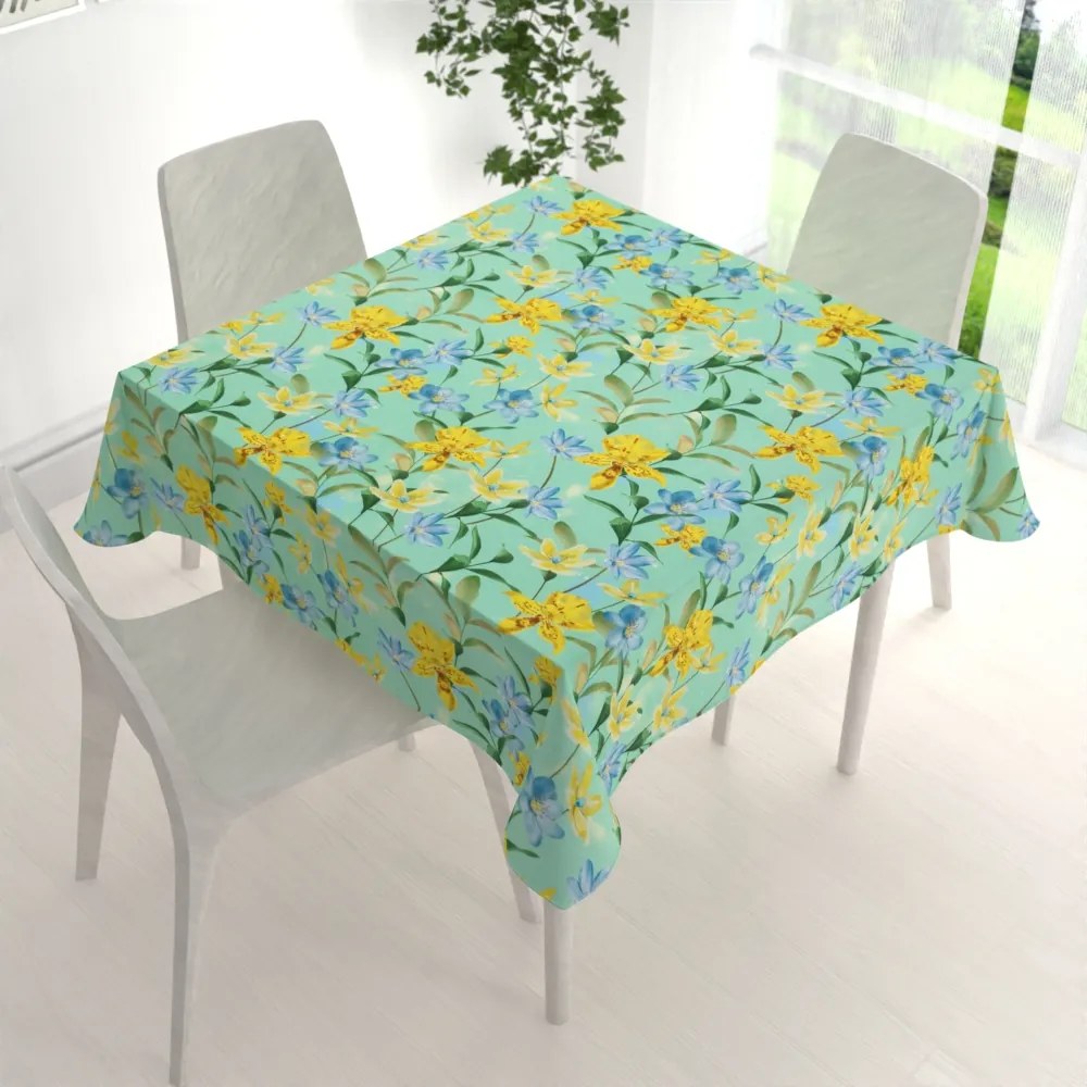 Biante Teflónový štvorcový obrus TF-082 Žlto-modré ľalie na mintovom 80x80 cm