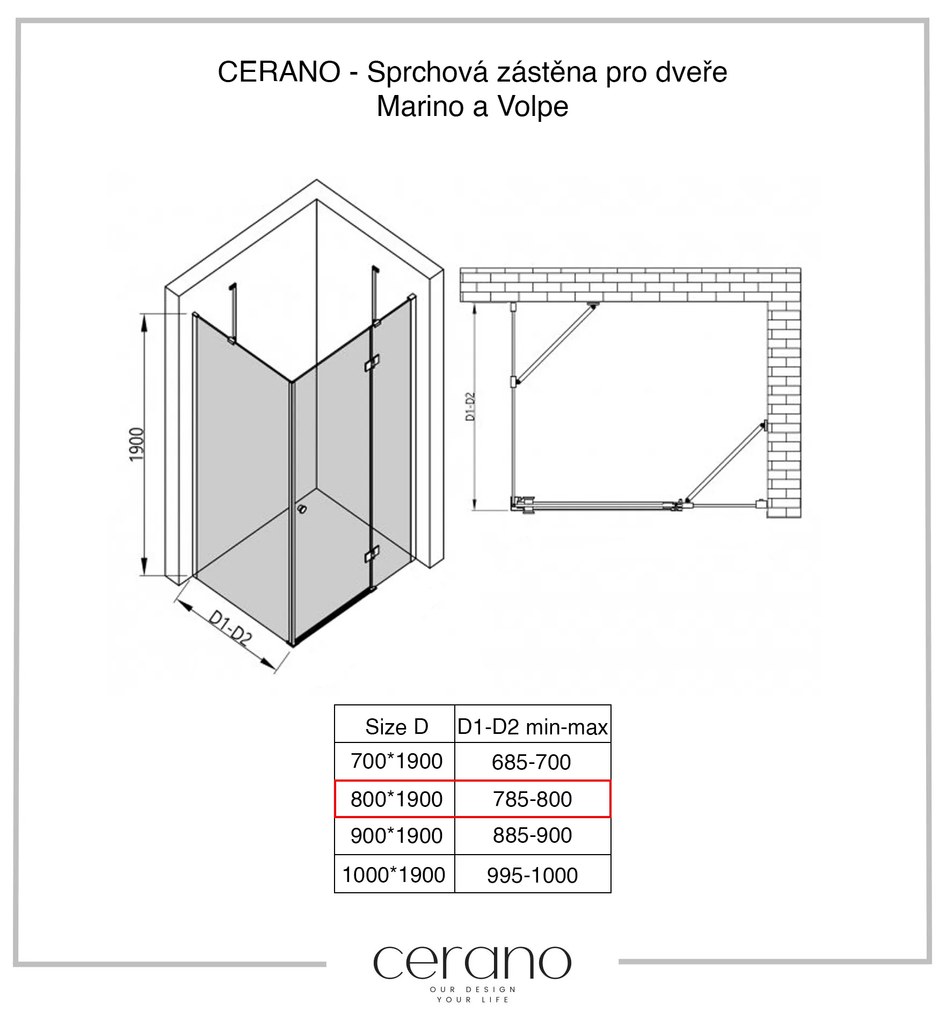 CERANO Cerano, pevná sprchová zástena pre dvere Marino a Volpe 80x190 cm, 6mm číre sklo, chrómový profil, CER-CER-420255