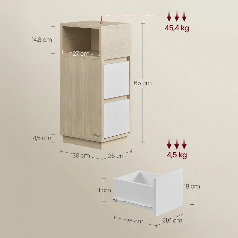 Úzky nočný stolík so zásuvkami, bielený dub