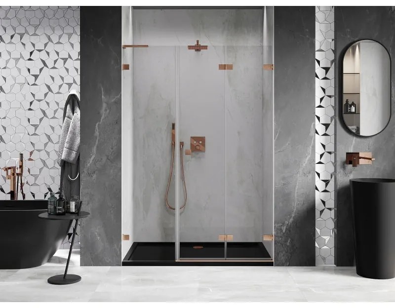 Mexen Lunar-F, L pravé skladacie sprchové dvere 135 cm, 8mm číre sklo, medený matný profil, 836SL-135-050-65-00-P